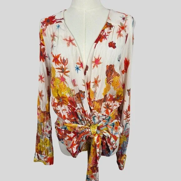 Michelle Morin For Anthropologie Blouse Sz M Floral Tiger Print Wrap Tie Waist - Picture 4 of 14